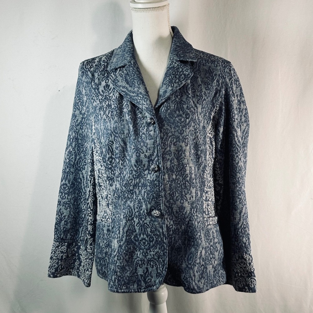 Blue‎ Silver Damask Jacquard Blazer Floral Metallic knot  Button Notch Lapel 12